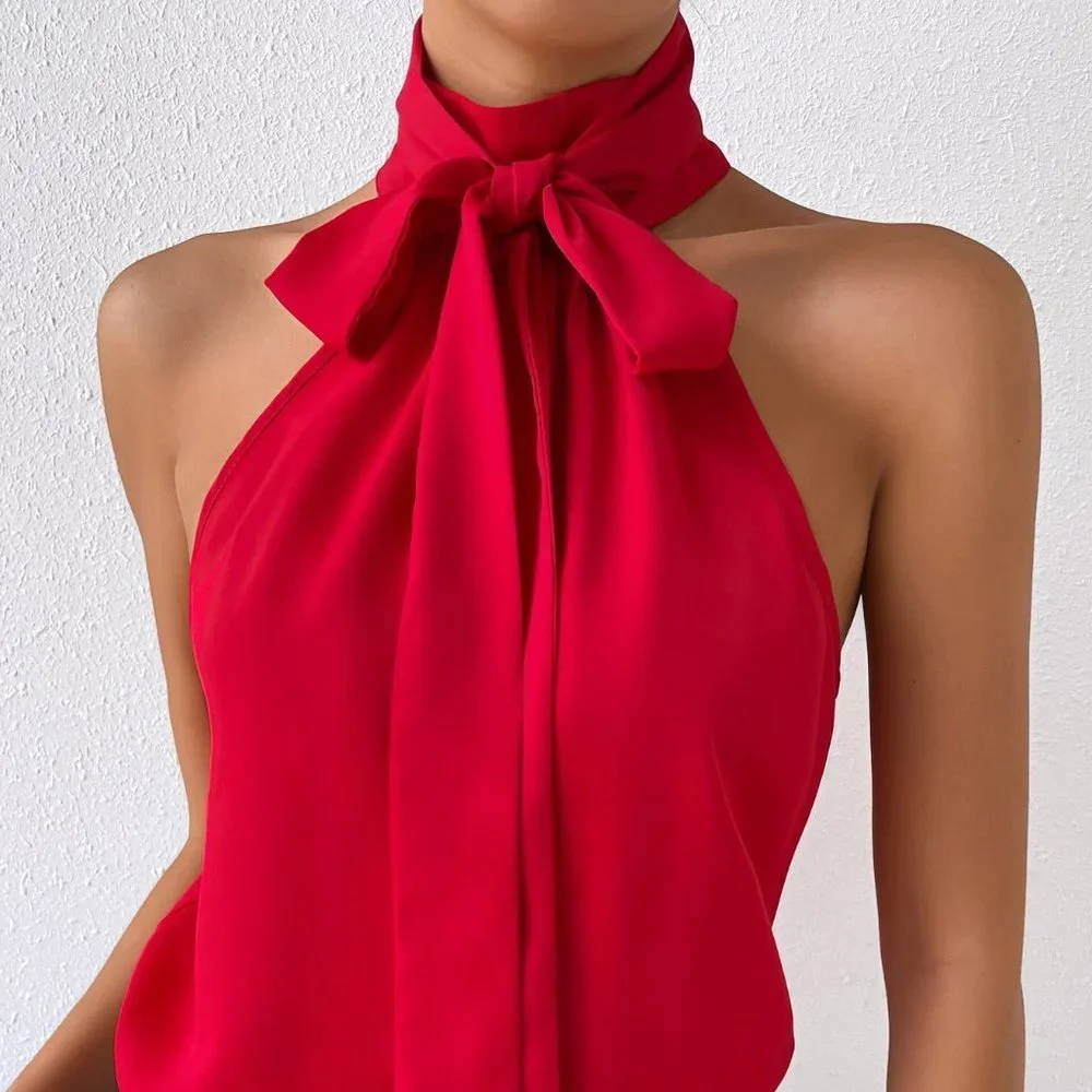 Red Preppy Womens Solid Tie Neck Halter Top - Picture 4 of 5